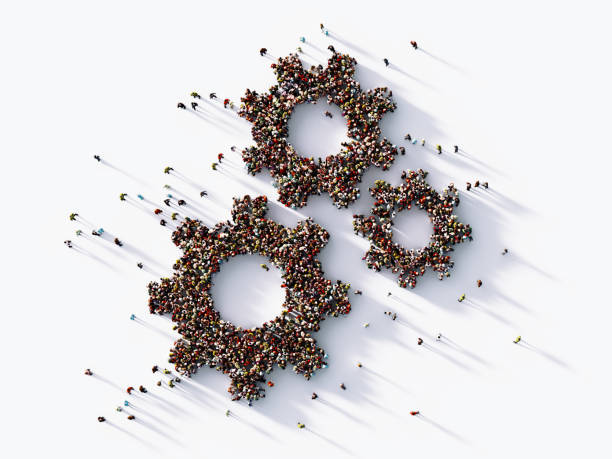 Human crowd forming gear symbols on white background. Horizontal composition with copy space. Clipping path is included. Hierarchy concept.