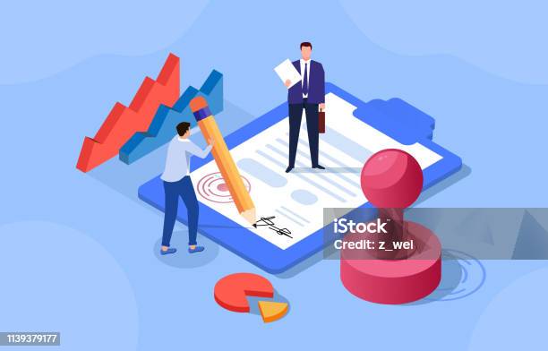 Signing A Contract Two Businessmen Signing A Contract Stock Illustration - Download Image Now