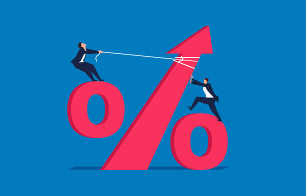 Growing up, two businessmen pull up the percent sign Growing up, two businessmen pull up the percent sign rising interest rate stock illustrations