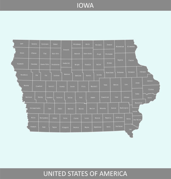 County map of Iowa state of US. Iowa counties map vector outline illustration gray background The map is accurately prepared by a map expert. davenport iowa stock illustrations