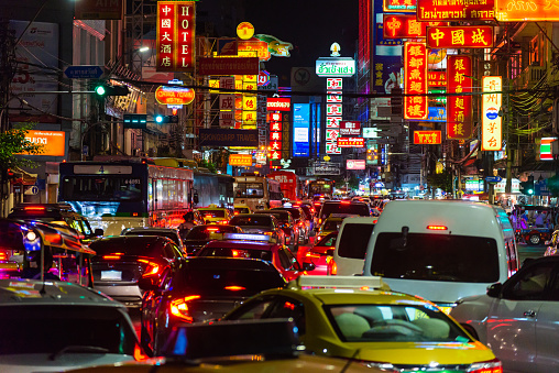 Bangkok, Thailand - Mar 30 2019 - The signs of China Town in Bangkok in the night street in Thailand