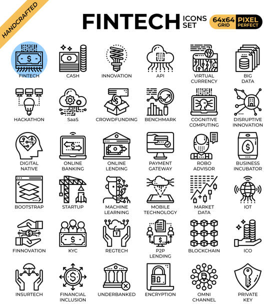 ilustraciones, imágenes clip art, dibujos animados e iconos de stock de los iconos conceptuales de fintech (tecnología financiera) - nativo digital