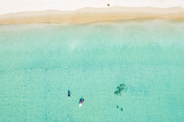 Stunning aerial view of two unidentified people doing stand up paddle board and windsurf on a clear and turquoise sea while a woman sunbathing on a white beach. Surin beach, Thailand. Stunning aerial view of two unidentified people doing stand up paddle board and windsurf on a clear and turquoise sea while a woman sunbathing on a white beach. Surin beach, Thailand. kiteboarding stock pictures, royalty-free photos & images