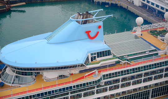 Rooftop of Tui cruise ship docked in Singapore Harbor. Seen during the day at Harbor Front in Singapore.