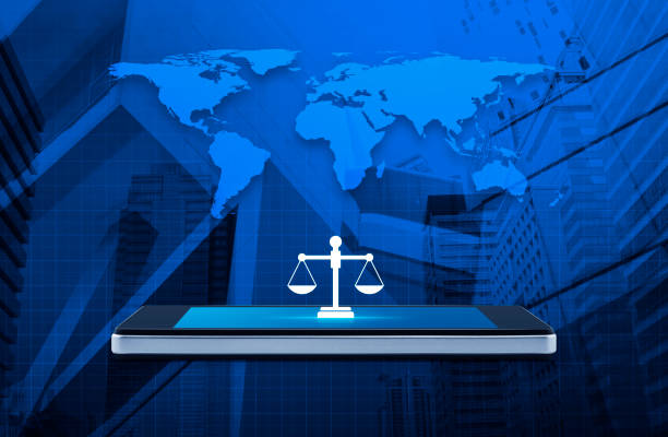 Business legal service online concept, Elements of this image furnished by NASA Law flat icon on modern smart mobile phone screen over world map, office city tower and skyscraper, Business legal service online concept, Elements of this image furnished by NASA global law stock pictures, royalty-free photos & images
