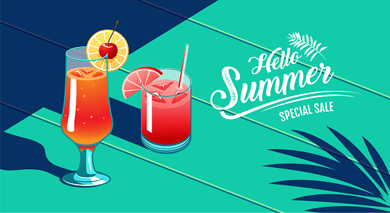 Hello Summer, Template Design, Tropical & Holiday, Cocktail, water Melon & Cherry, vector Illustration.