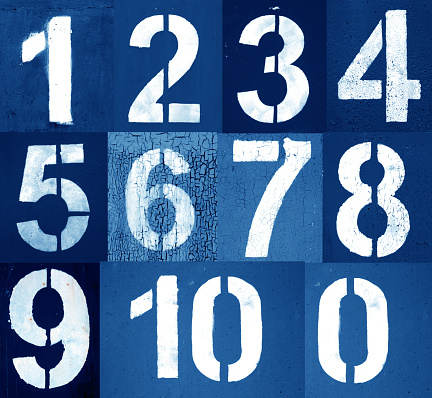 Numbers 0 to 10 in stencil on metal wall in navy blue tone. Abstract background and texture for design.