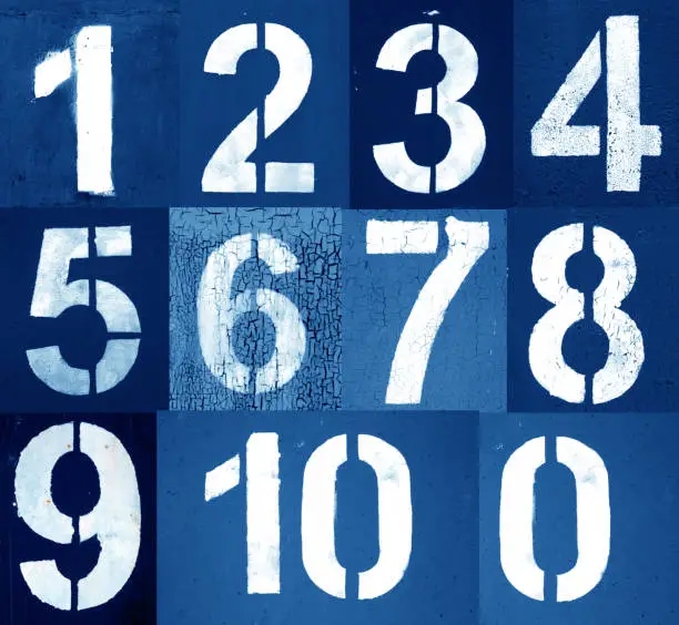Photo of Numbers 0 to 10 in stencil on metal wall in navy blue tone.