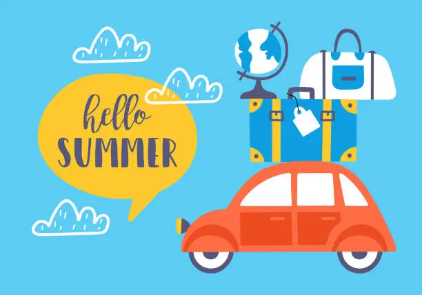 Vector illustration of Summer holiday card design with car and suitcases.