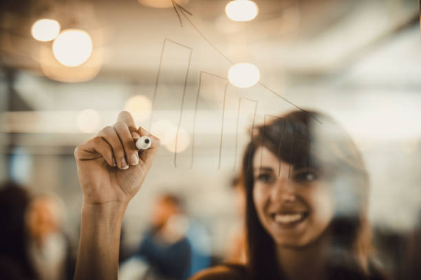 Close up of businesswoman drawing progress graph on transparent wipe board. Close up of happy businesswoman drawing diagram of progress on a glass wall. transparent wipe board stock pictures, royalty-free photos & images