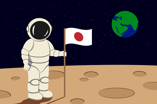 Japanese astronaut lending on mars and hold flag of Japan in his hand. Vector illustration.