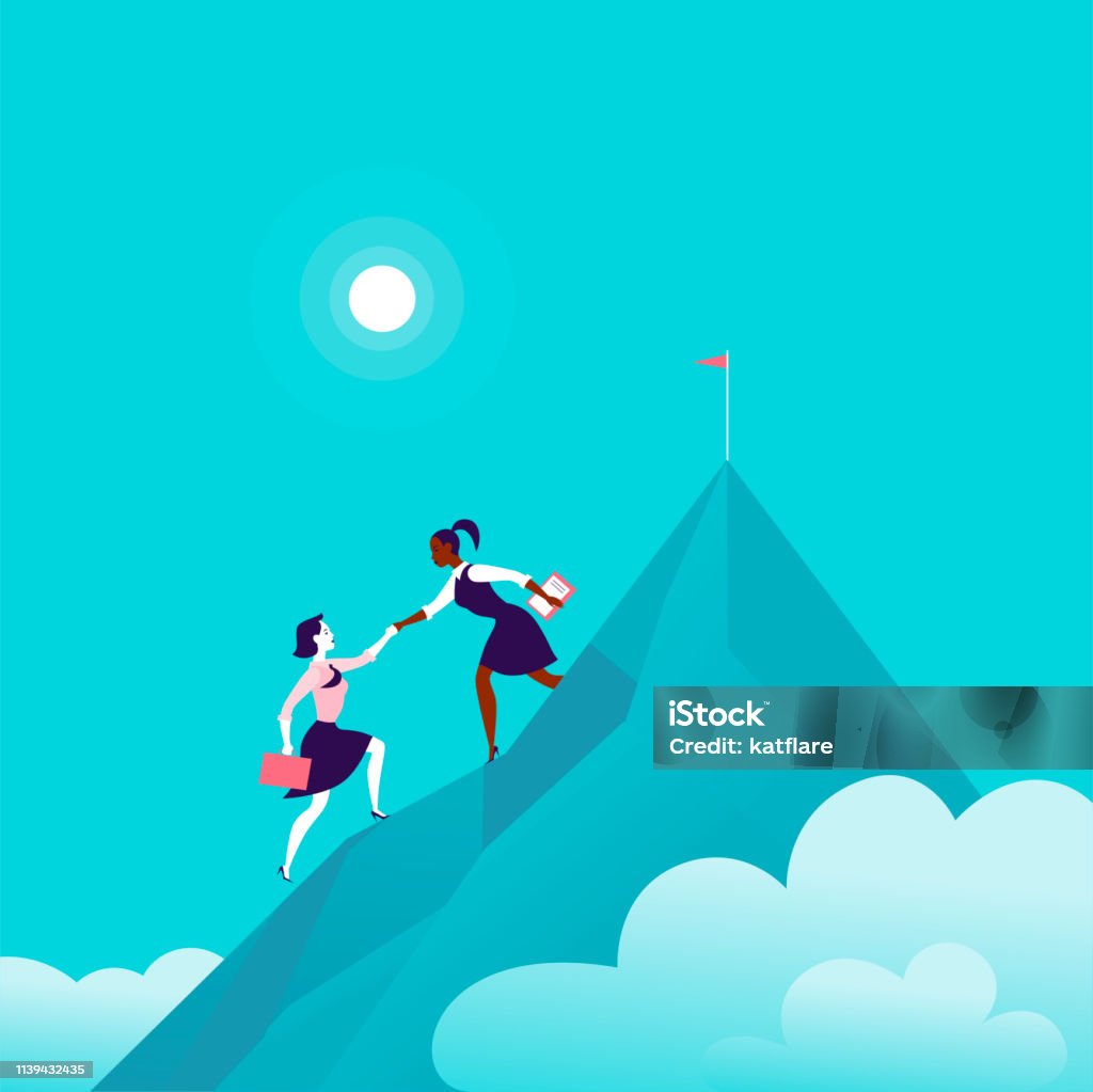 Flat illustration with business ladies climbing together on mountain peak top on blue clouded sky background. - Royalty-free Mulheres arte vetorial