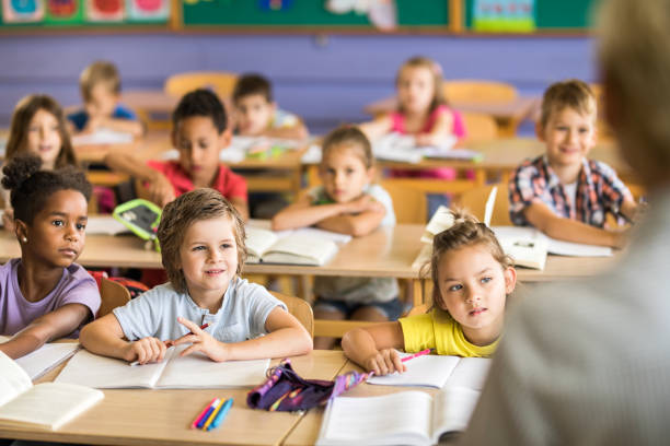 istock Elementary students listening to their teacher on a class. 1139432911