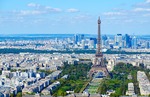 Scenic view from above (from Montparnasse Tower) on Eiffel Tower, Champ de Mars, Paris, France