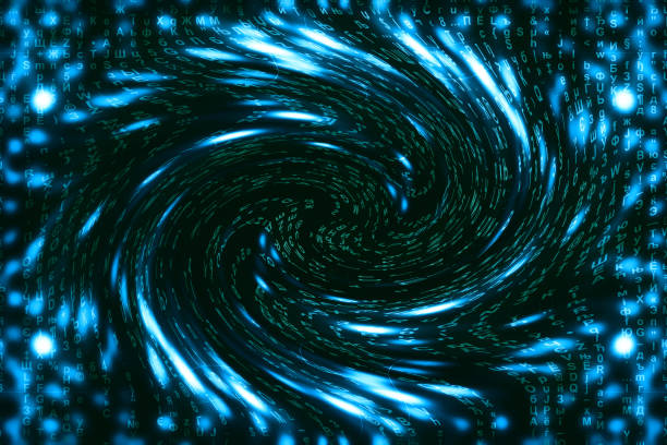 Blue green matrix digital background. Distorted cyberspace concept. Green characters fall down in wormhole. Hacked matrix. Virtual reality design. Complex algorithm data hacking. Cyan digital sparks. fondo digital de matriz verde azul. concepto de ciberespacio distorsionado. los personajes verdes caen en el agujero de gusano. matriz hackeada. diseño de realidad virtual. piratería de datos de algoritmos complejos. chispas digitales cian.