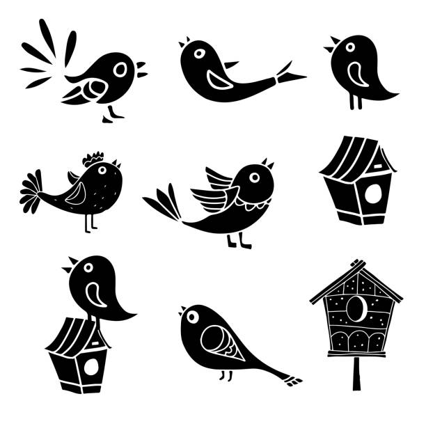 vögel, vogelhaus-cartoon-set - birdhouse wood isolated white background stock-grafiken, -clipart, -cartoons und -symbole