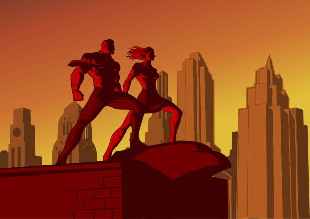 Retro Propaganda Poster Style Illustration of a Couple Worker with City Skyline Background A retro propaganda poster style illustration of a couple of worker standing on arooftop at dusk wih city skyline in the background. Wide space available for your copy. high up city stock illustrations