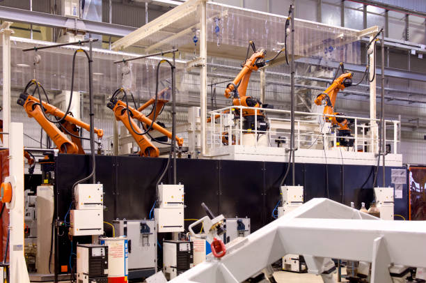 istock Modern robots in an automated heavy industry plant. 1139445405