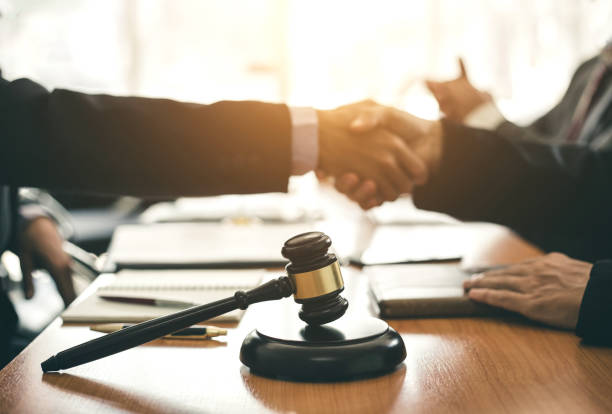 Businessman and lawyer shaking hands  to seal a deal with his partner. stock photo