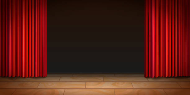 istock Theatre wooden scene with dark background and red curtains 1139448174