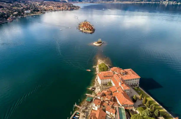 Aerial view of Island Bella and Fishermens Island at Lake Maggiore, they are the Borromean Islands in Piedmont of north Italy, Stresa, Verbania