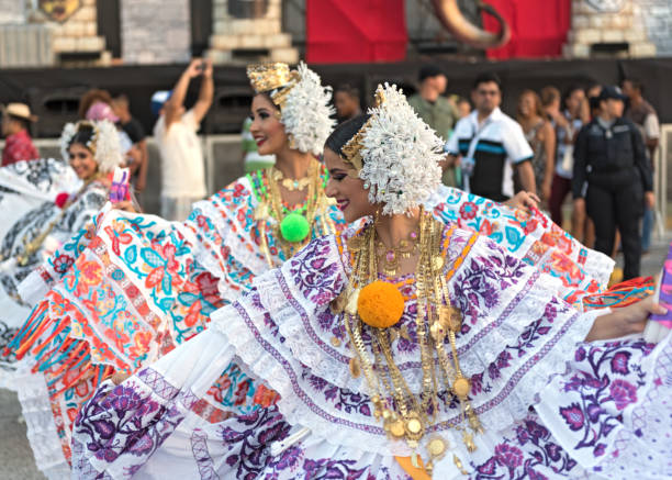folklore dances in traditional costume at the carnival in the streets of panama city panama stock photo