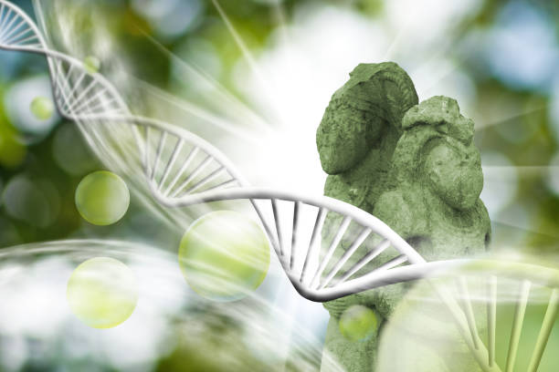 istock molecular structure, chain of dna and ancient statues on a green background 1139449563