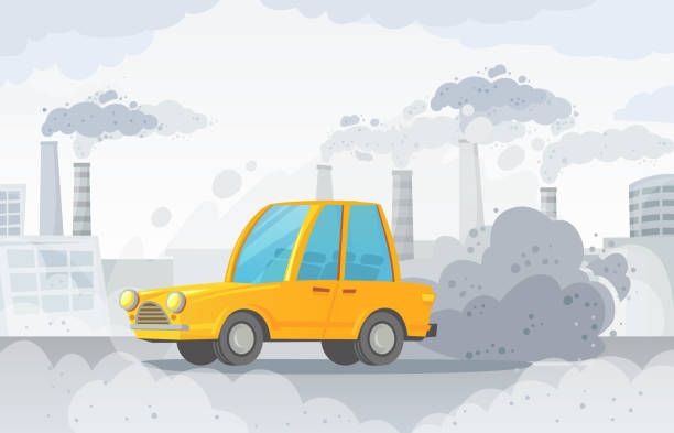 ilustraciones, imágenes clip art, dibujos animados e iconos de stock de contaminación del aire del coche. smog de carretera de la ciudad, fábricas de humo y nubes de dióxido de carbono industrial ilustración vectorial - contaminación del aire