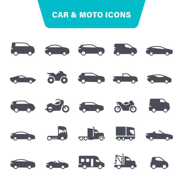 Car and Motorcycle Icons Transportation, Moto, Auto, Bicycle, Pick-up Truck, Icon Set land vehicle illustrations stock illustrations