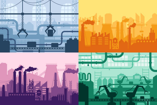 Industrial factory silhouette. Manufacture industry interior, manufacturing process and factories machines vector background set Industrial factory silhouette. Manufacture industry interior, manufacturing process and factories machines. Machine factory industries, refineries or gas pollution vector background set manufacturing stock illustrations