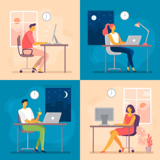 Day or night work. Working late, overtime office works and computer worker nights. Lark and owl workflow flat vector illustration Day or night work. Working late, overtime office works and computer worker nights. Lark and owl workflow, professional businesswoman daily routine or businessman deadline flat vector illustration using laptop illustrations stock illustrations