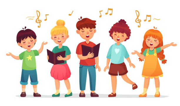 ilustraciones, imágenes clip art, dibujos animados e iconos de stock de cantando niños. escuela de música, grupo vocal infantil y coro de niños cantan ilustración vectorial de dibujos animados - sing