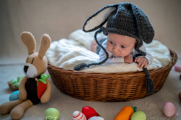 istock Little baby bunny in a basket Easter 1139452851