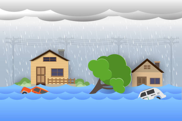 도시 거리, 떨어지는 나무에 도시 홍수 홍수 물 - residential structure house water natural disaster stock illustrations