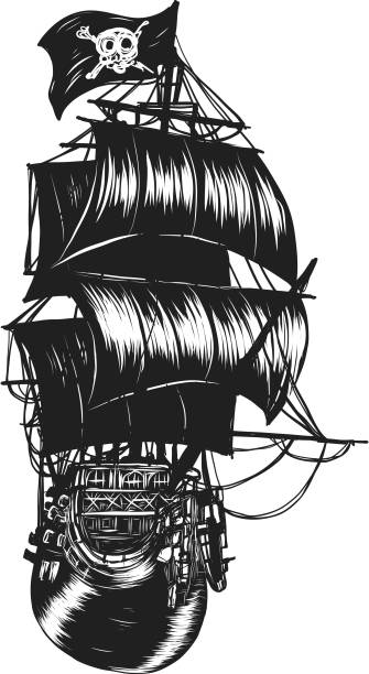 ilustraciones, imágenes clip art, dibujos animados e iconos de stock de barco pirata tatuaje vectorial a mano dibujando - storm pirate sea nautical vessel