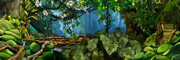 Vector illustration of jungle background with lush tropical plants and trees