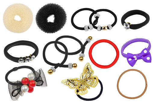 Set of eleven different types of hair scrunchies, isolated on transparent or white background