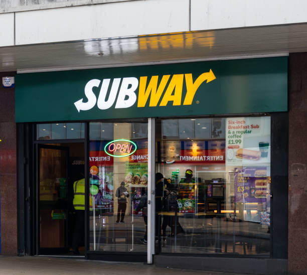 The entrance to the Subway sandwich store on Bull Street Birmingham, England - March 17 2019:   The entrance to the Subway sandwich store on Bull Street west midlands photos stock pictures, royalty-free photos & images