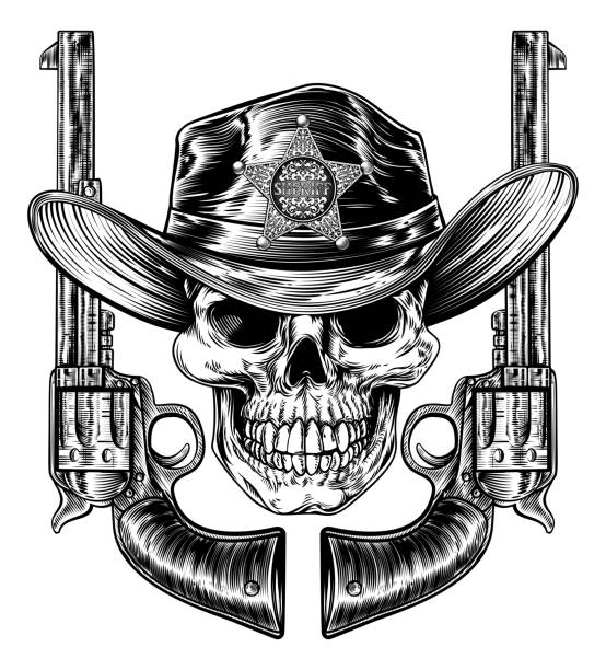 sheriff-schädel und pistol-handguns - skull dirty insignia grunge stock-grafiken, -clipart, -cartoons und -symbole