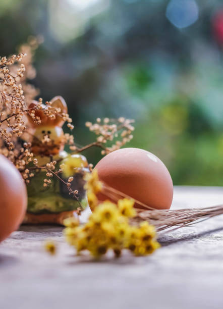 istock Easter bunny with basket and giant eggs. Beautiful composition of eggs and rabbits 1139461849