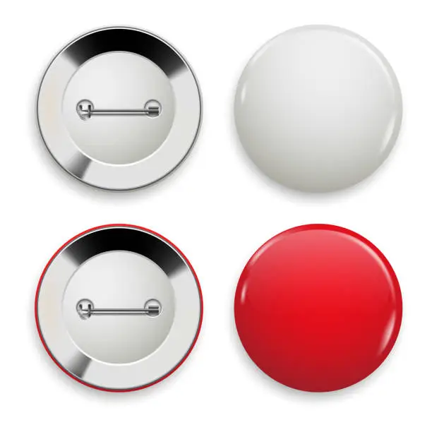 Vector illustration of Set of red and white badges, front and back side view