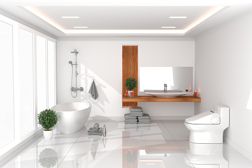 Bath room Interior - white empty room concept - modern style, bathroom, new room modern design. 3D rendering