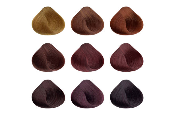 ensemble de neuf serrures de couleurs de cheveux rouges, forme arrondie, isolé sur le fond blanc - human hair curled up hair extension isolated photos et images de collection