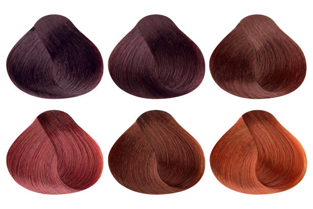 ensemble de serrures de six différents échantillons de couleur de cheveux rouges, forme arrondie, isolé sur le fond blanc, chemin de découpage inclus - human hair curled up hair extension isolated photos et images de collection