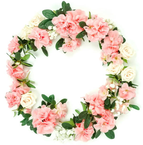 istock Wreath Flowers composition background . Pink flowers azalea pattern frame on white background. Top view. Copy space. Holiday concept 1139468033