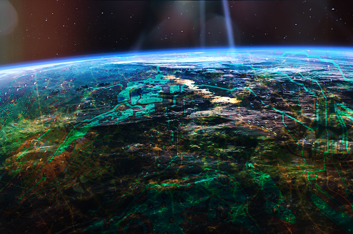 Futuristic internet of things (IoT) links the physical and digital worlds. City lights from outer space. Roads and map relief from motherboard. Elements of this image furnished by NASA.

/urls:
https://earthobservatory.nasa.gov/images/83599/brussels-and-antwerp-at-night,
https://images.nasa.gov/details-iss047e137096.html,
https://images.nasa.gov/details-GSFC_20171208_Archive_e000127.html,
https://images.nasa.gov/details-iss013e78960.html,
https://images.nasa.gov/details-iss040e088891.html /
