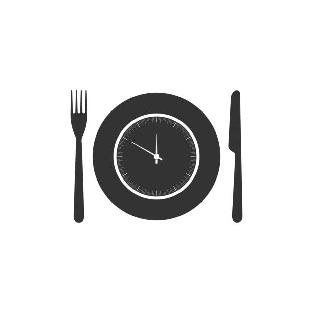 płyta z zegarem, widelcem i ikoną noża izolowana. czas na lunch. jedzenie, reżim żywieniowy, czas posiłku i koncepcja diety. płaska konstrukcja. ilustracja wektorowa - lunch clock healthy eating plate stock illustrations