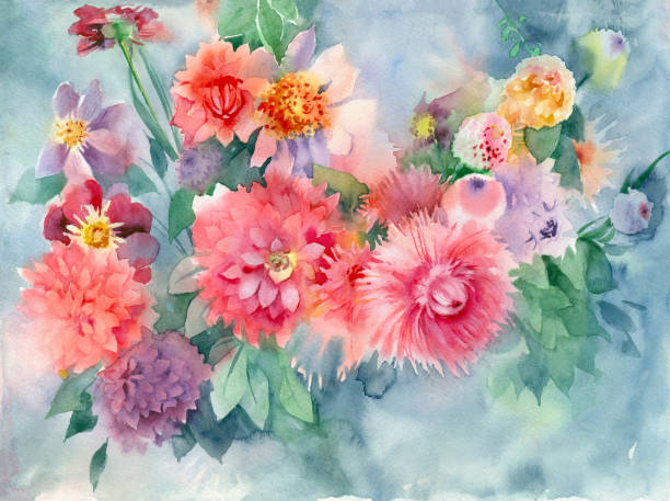 istock Watercolor floral background with bouquet of peonies. 1139470302