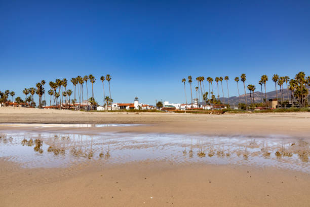 istock beach at Santa Barbara with palm trees and old lighthouse 1139470304
