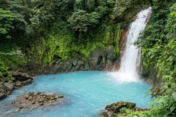 живописный водопад в национальном парке вулкана тенорио - челеста стоковые фото и изображения